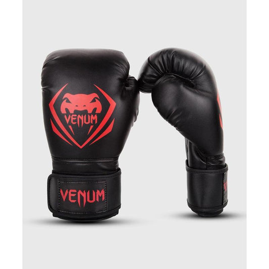 Venum Contender Boxing Gloves - Black/Red, Curved Anatomical Design, 100% Premium Semi Leather, Multi-Density Foam Padding, Large Velcro Strap