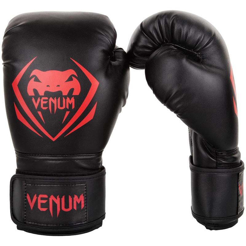 Venum Contender Boxing Gloves - Black/Red, Curved Anatomical Design, 100% Premium Semi Leather, Multi-Density Foam Padding, Large Velcro Strap